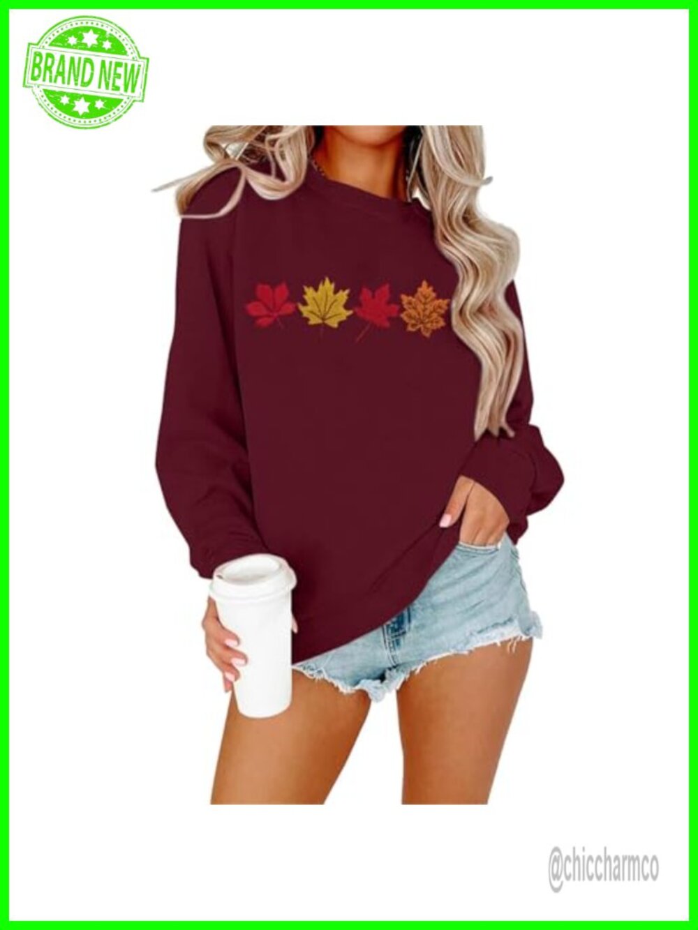 Women's Embroidered Maple Leaf Crewneck Sweatshirt Cotton Blend Long Sleeve